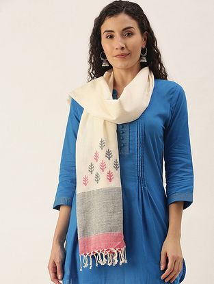 Pink-White Handloom Jamdani Merino Wool Stole