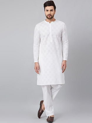 White Cotton Chikankari Embroidered  Kurta With Pyjama