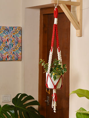 Red And White Macrame Boho Plant Hanger (L- 35in, W- 10in)