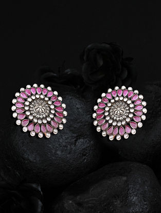 Pink Tribal Silver Earrings With Checker