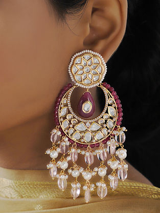 Red Gold Tone Kundan Chandbali Earrings with Jade and Pearls