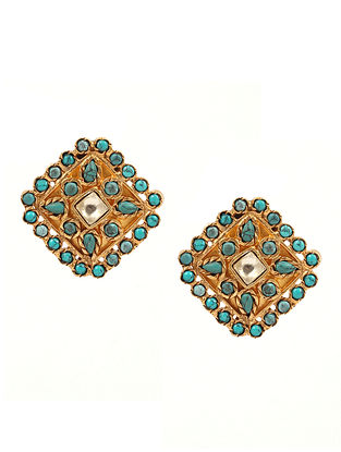 Gold Tone Silver Earrings With Turquoise