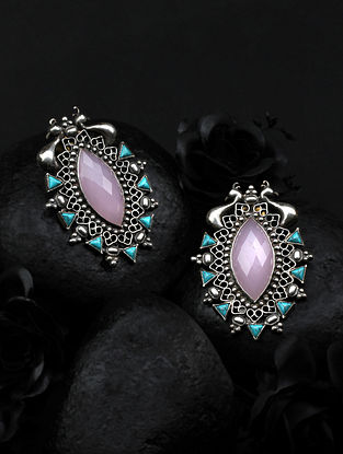 Pink Tribal Silver Earrings With Turquoise
