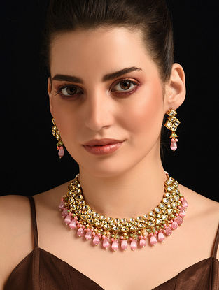 Pink Gold Plated Kundan Necklace Set