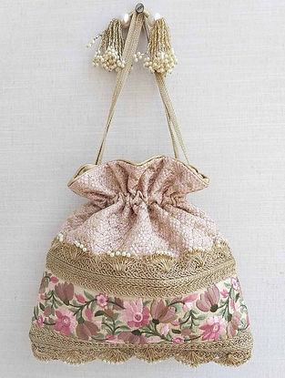 Baby Pink Embroidered Poly Silk Potli