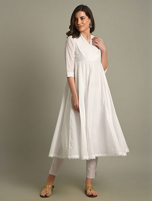 White Cotton Cambric Kalidar Kurta with Pintucks, Lace Detailing and Mirror Work 