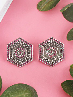 Pink Tribal Silver Earrings With Stones