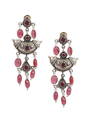 Pink Tribal Silver Earrings With Pearls