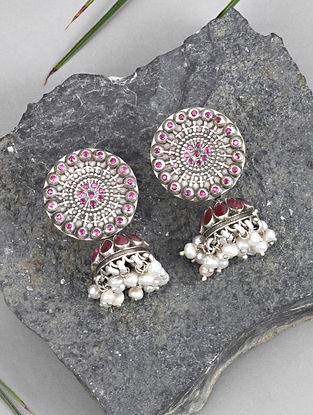 Pink Tribal Silver Jhumki Earrings With Pearls And Stones