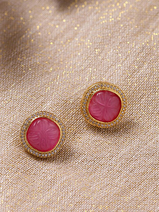 Pink Gold Plated Kundan Stud Earrings