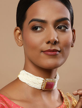 White Pink Gold Plated Kundan Choker Necklace With Pearls