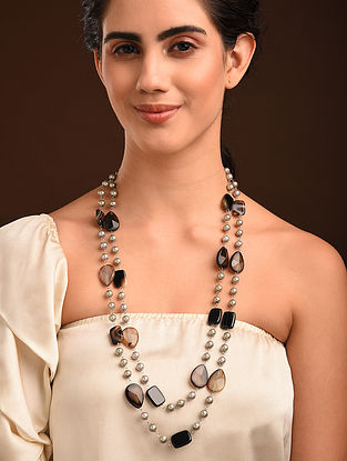 Black Grey Beaded Necklace with Agate and Pearls 