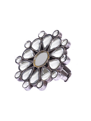 Tribal Silver Adjustable Ring With Checker