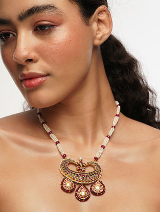 Gold Jadau Polki Pendant Necklace With Ruby And Pearls