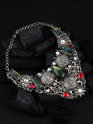 Multicolor Tribal Silver Kundan Necklace With Labradorite