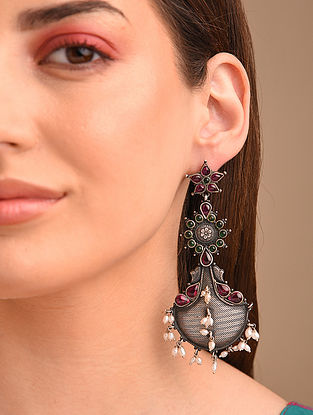 Pink Green Tribal Silver Earrings With Pearls And Kempstone