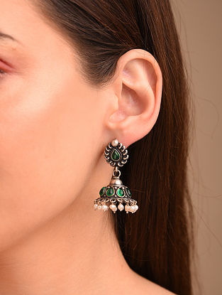 Green Tribal Silver Jhumki Earrings With Pearls And Kempstone