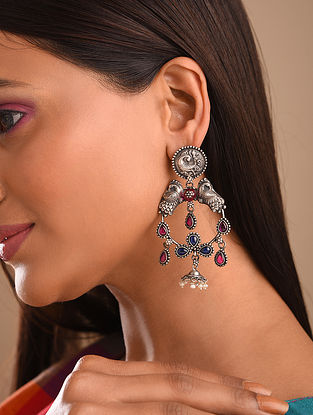 Pink Blue Tribal Silver Earrings With Pearls And Kempstones