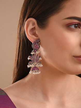 Pink Tribal Silver Earrings With Pearls And Kempstones