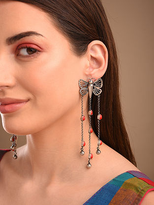 Red Tribal Silver Earrings With Coral