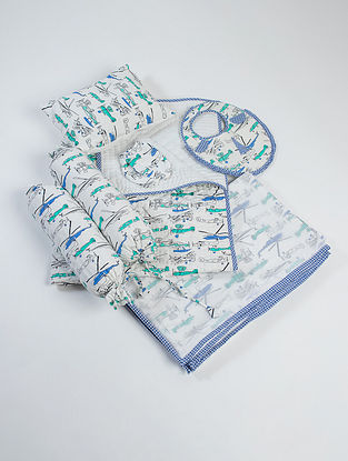 Blue and White Cotton Aeroplane Printed Baby Bed Set (Set of 8)
