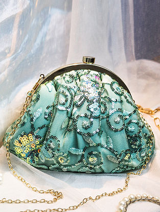 Green Handcrafted Sequinned Satin Clutch