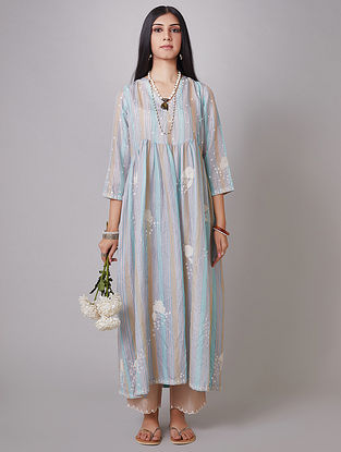 Blue and Beige Hand Crushed Silk Kurta with Mirrorwork and Applique Embroidery 