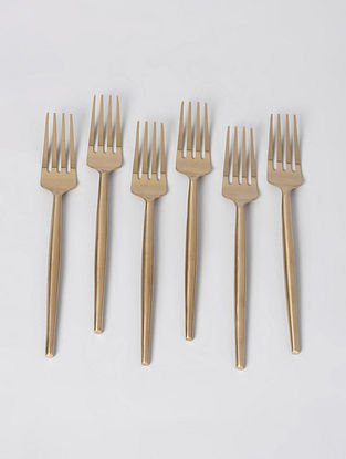 Golden Stainless Steel Matt Fork Set (L- 9in) (Set Of 6)