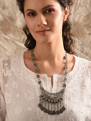 Tribal Silver Necklace With Turquoise And Coral