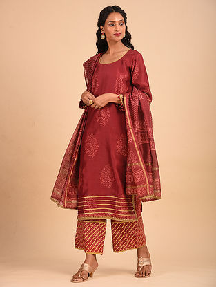 Crimson Hand Block Printed Chanderi Silk Kurta with Dupatta and Cotton Pants (Set of 3)