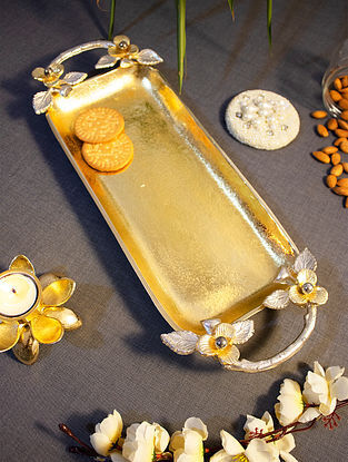 Golden And Silver Aluminium Floral Tray (L- 17in, W- 7in, H- 2in)