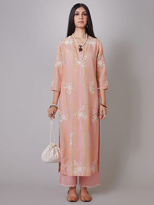 Peach and Pink Hand Crushed Silk Kurta with Mirrorwork and Raised Embroidery