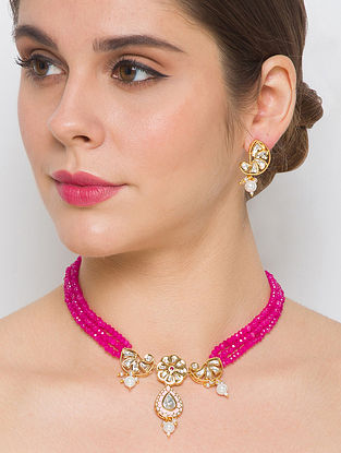 Pink Gold Plated Kundan Necklace Set