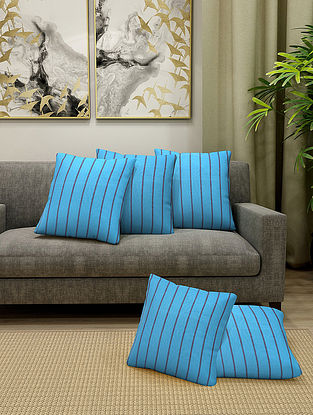 Blue Handloom Cotton Striped Cushion Covers (Set Of 5) (L- 12in, W- 12in)