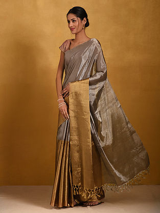Golden-Silver Handwoven Zari Tissue Silk Saree