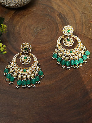 Green Gold Tone Kundan Chandbali Earrings with Pearls