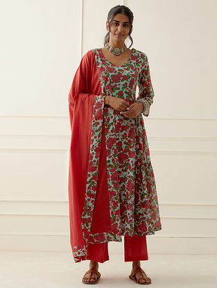 Green and Red Printed Mulmul Cotton Kurta with Pants and Dupatta (Set of 3)