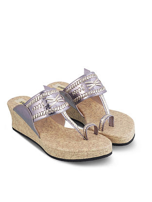 Grey Handcrafted Faux Leather Kolhapuri Wedges