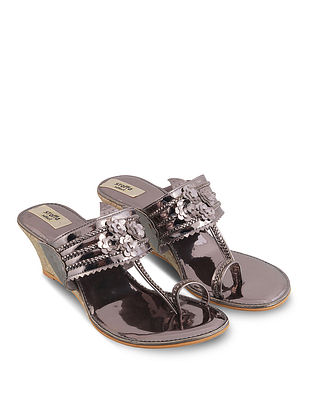 Pewter Handcrafted Faux Leather Kolhapuri Wedges
