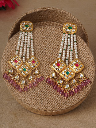 Multicolor Gold Plated Kundan Earrings with Jade