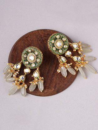 Green Gold Plated Kundan Meenakari Earrings with Jade