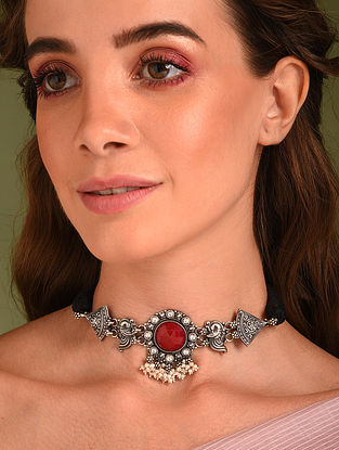 Red Tribal Silver Choker Necklace With Stone And Pearls