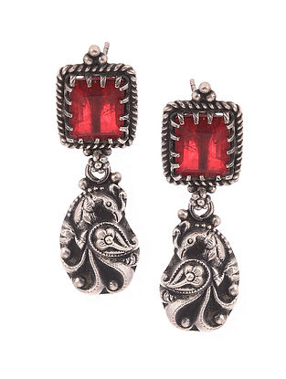Red Tribal Silver Earrings With Stone