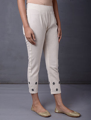 Off White Embroidered Cotton Pants