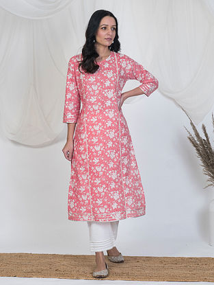 Pink Printed Cotton Kurta with Lace and Gota Embroidery and White Printed Cotton Pants (Set of 2)