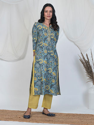 Blue and Yellow Printed and Gota Embroidered Cotton Kurta and Pants (Set of 2)