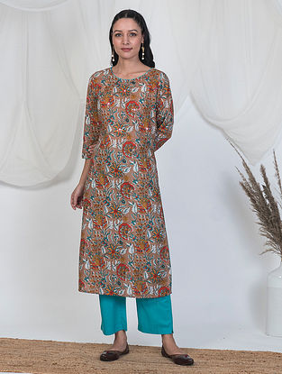 Brown Printed Cotton Kurta with Blue Solid Pants (Set of 2)