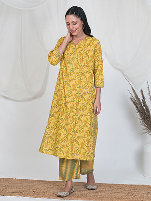Yellow Gota Embroidered Cotton Kurta with Lace Detailing and Striped Pants (Set of 2)