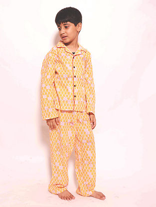 Yellow 'Turtoise' Block Printed Unisex Cotton Nightwear Suit (Set of 2)