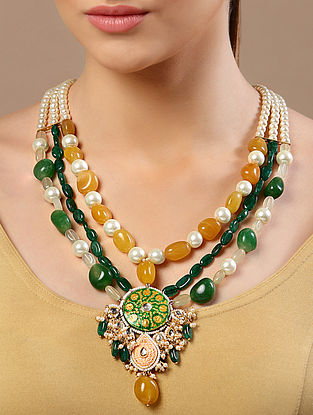 Green Yellow Beaded Gold Tone Minakari Necklace with Pearls 